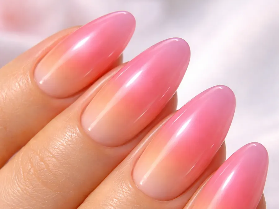 Soft pink aura gradient almond full set by Unlimited Nail Systems in Sugar Land, TX