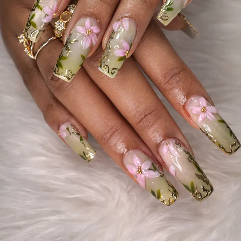 Nail enhancements, natural, builder gel, opaque, custom design, floral, 3D by Unlimited Nail Systems in Sugar Land, TX
