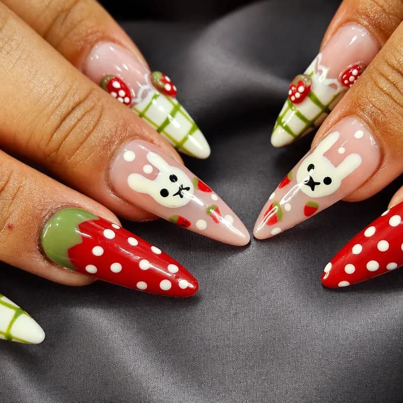 Gel, French, 3D, nail art, nail enhancements, design, strawberry by Unlimited Nail Systems in Sugar Land, TX