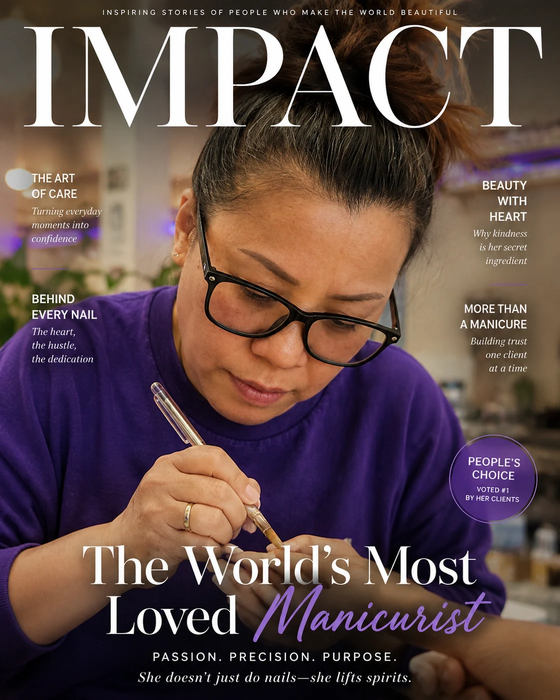 Julie, the nail technician behind Unlimited Nail Systems, hand-painting a client's nails on a magazine-style cover celebrating her as “The World’s Most Loved Manicurist”